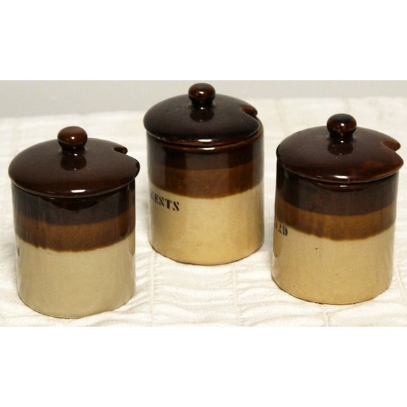 1960s 3 Brown Dip Tan Condiment Jar Lid Stoneware Crock Mustard Relish BBQ Party - Picture 2 of 11